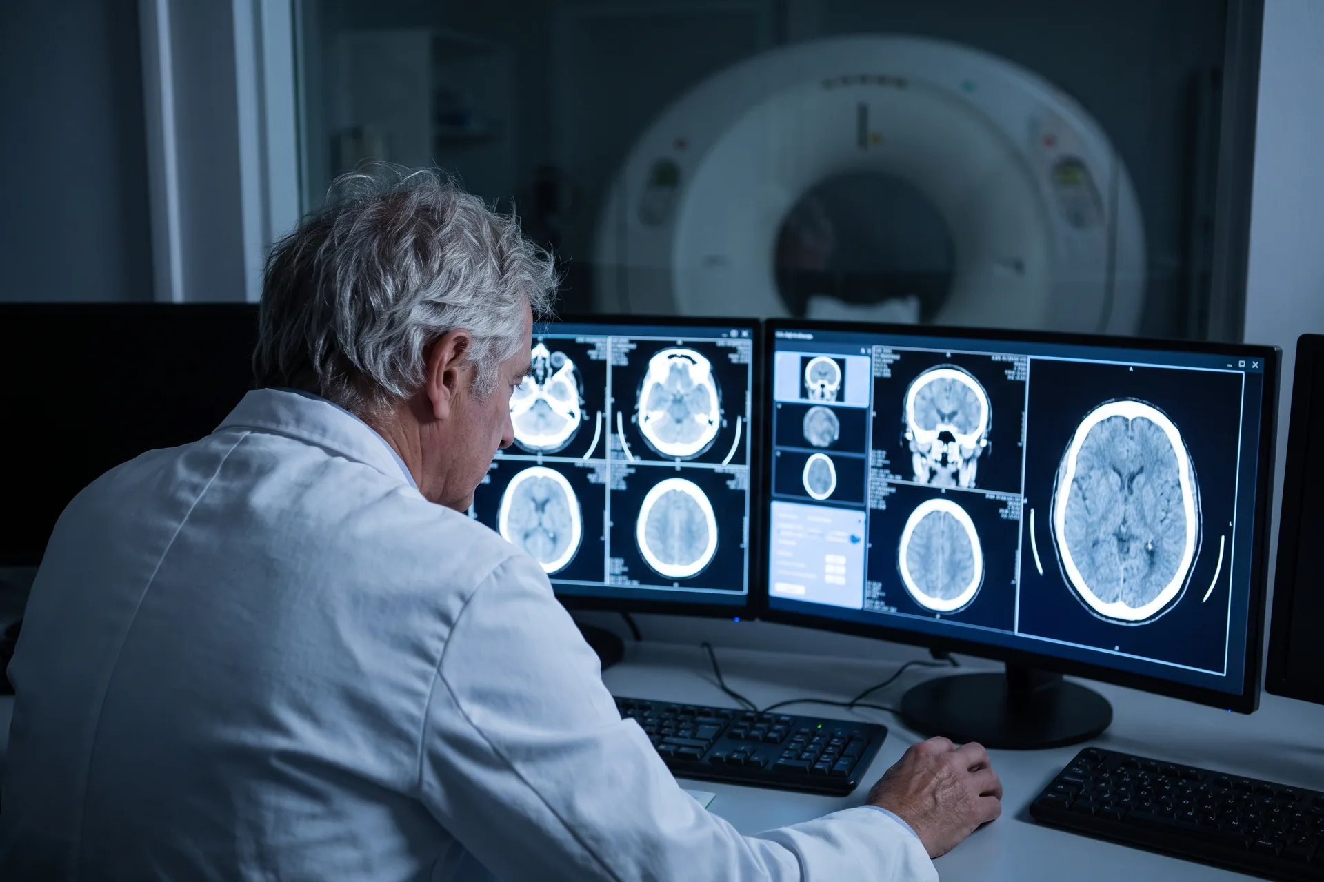 Radiologist reviewing CT scan images